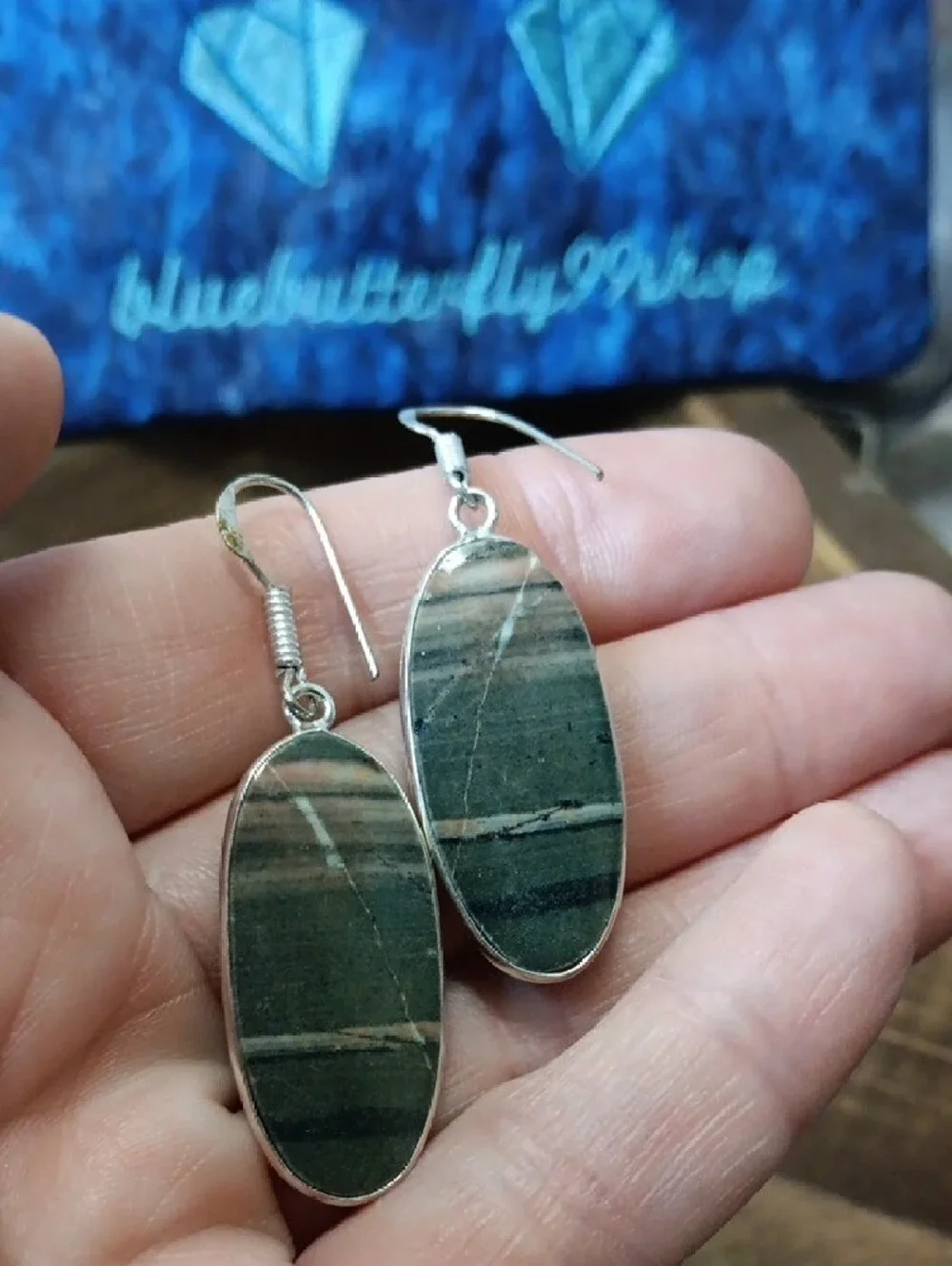 Green Striped Oval Stone Drop Earrings - Women Jewelry